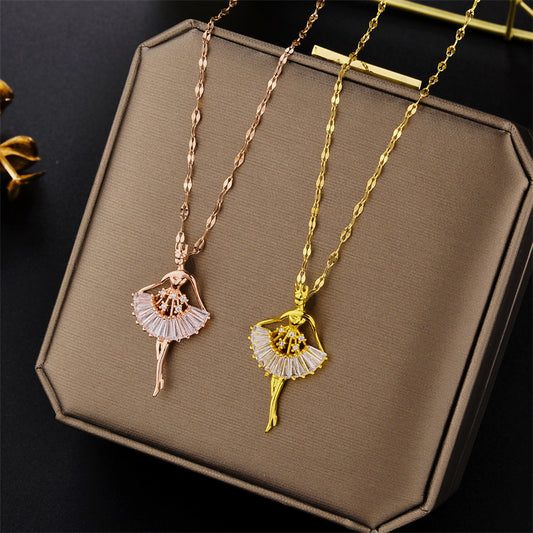 Cartoon Ballet Girl Necklace in Rose Gold Plated Titanium Steel with Lip Pendant on Wavy Chain for Women