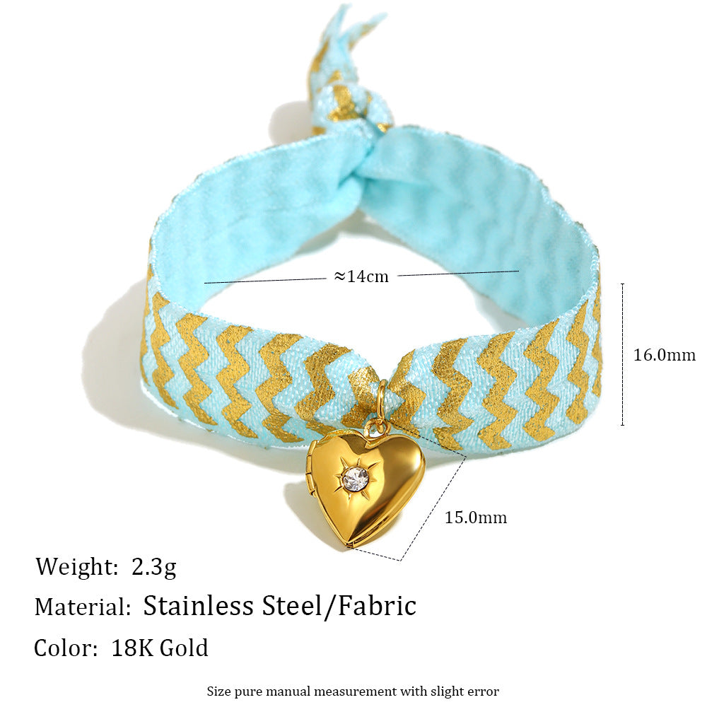 Minimalist Heart-Shaped Stainless Steel Plated 18K Gold Blue Ribbon Photo Locket Bracelet for Women