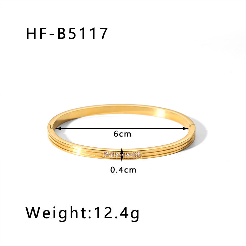 Vintage-Inspired Titanium Steel Cuff Bracelet with Zircon Inlay, Asymmetrical Design, Vacuum-Plated 18K Gold Finish for Women
