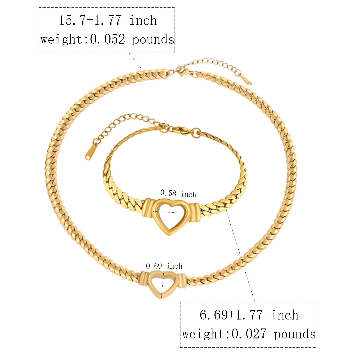 Set collana e bracciale a catena a maglie forate a cuore, minimalistici ed eleganti, in acciaio inossidabile e titanio, placcati, per donna