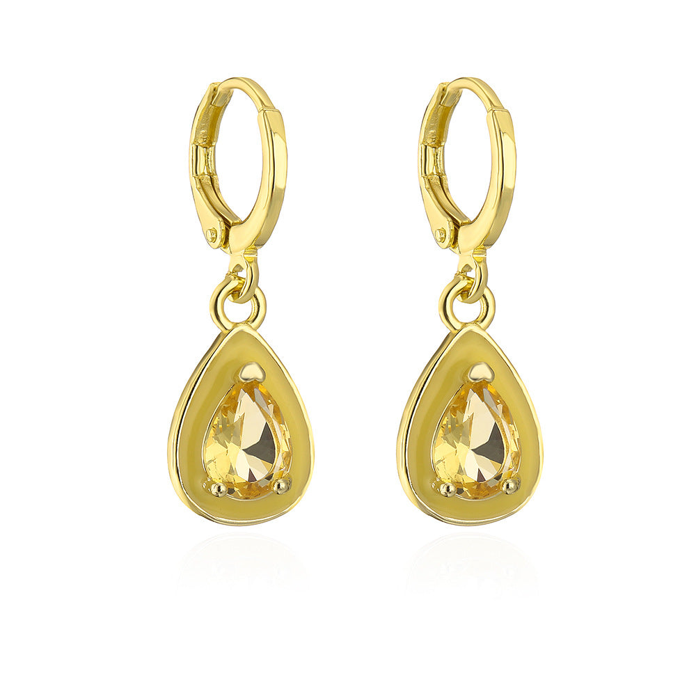 Bohemian Geometric Drip Enamel Zircon Drop Earrings for Women in Copper with Real Gold Plating