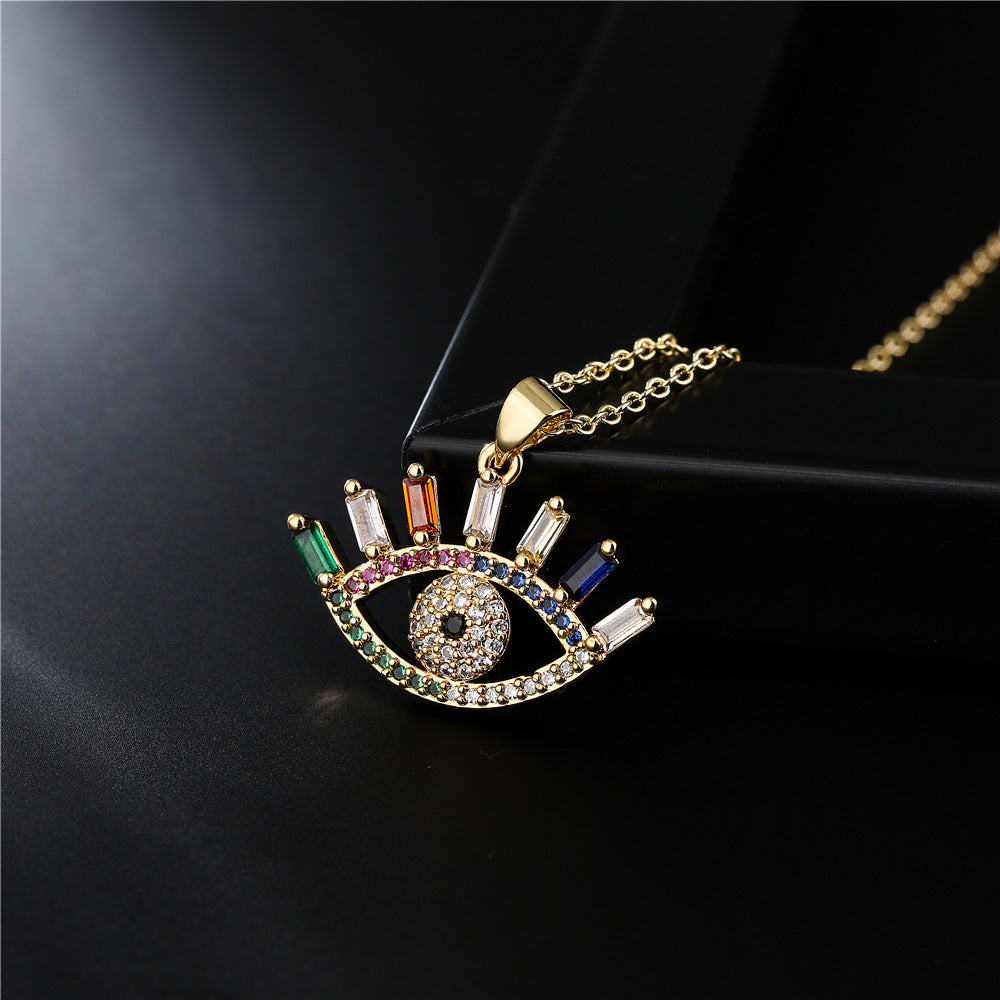 Gold Geometric Inlaid Cubic Zirconia Brass Necklace with Cable Chain for Women