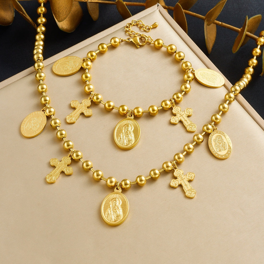 Vintage Gold Plated Stainless Steel Oval Cross Portrait Pendant Ball Chain Necklace