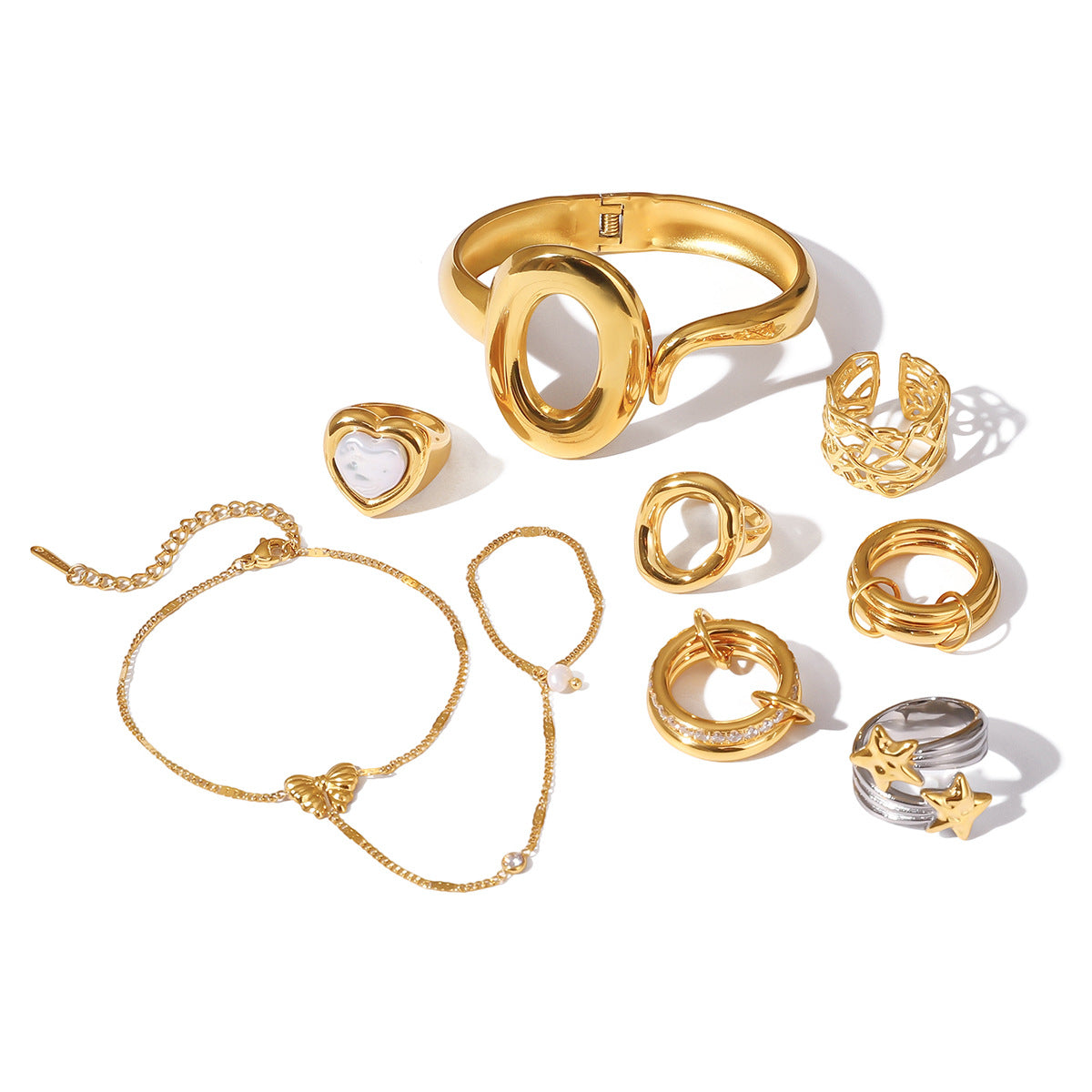 Juego de pulsera de anillo de acero de titanio geométrico de lujo con patrón de estrella, chapado en oro al vacío PVD, joyería de mano de acero inoxidable para mujer