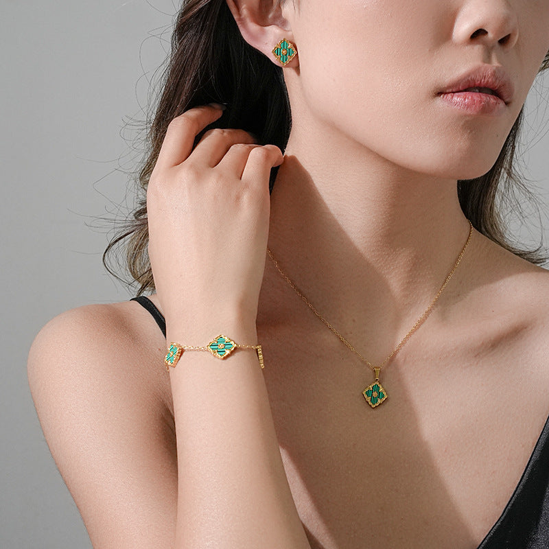 Minimalist Rhombus-Shaped Titanium Steel Necklace Set with Earrings and Bracelet, Vacuum-Plated 18K Gold Finish, Snake Chain