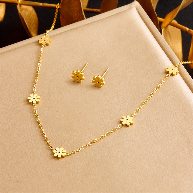 Fashion Office Chic Plated Stainless Steel Daisy Flower Earrings Necklace Bracelet Set