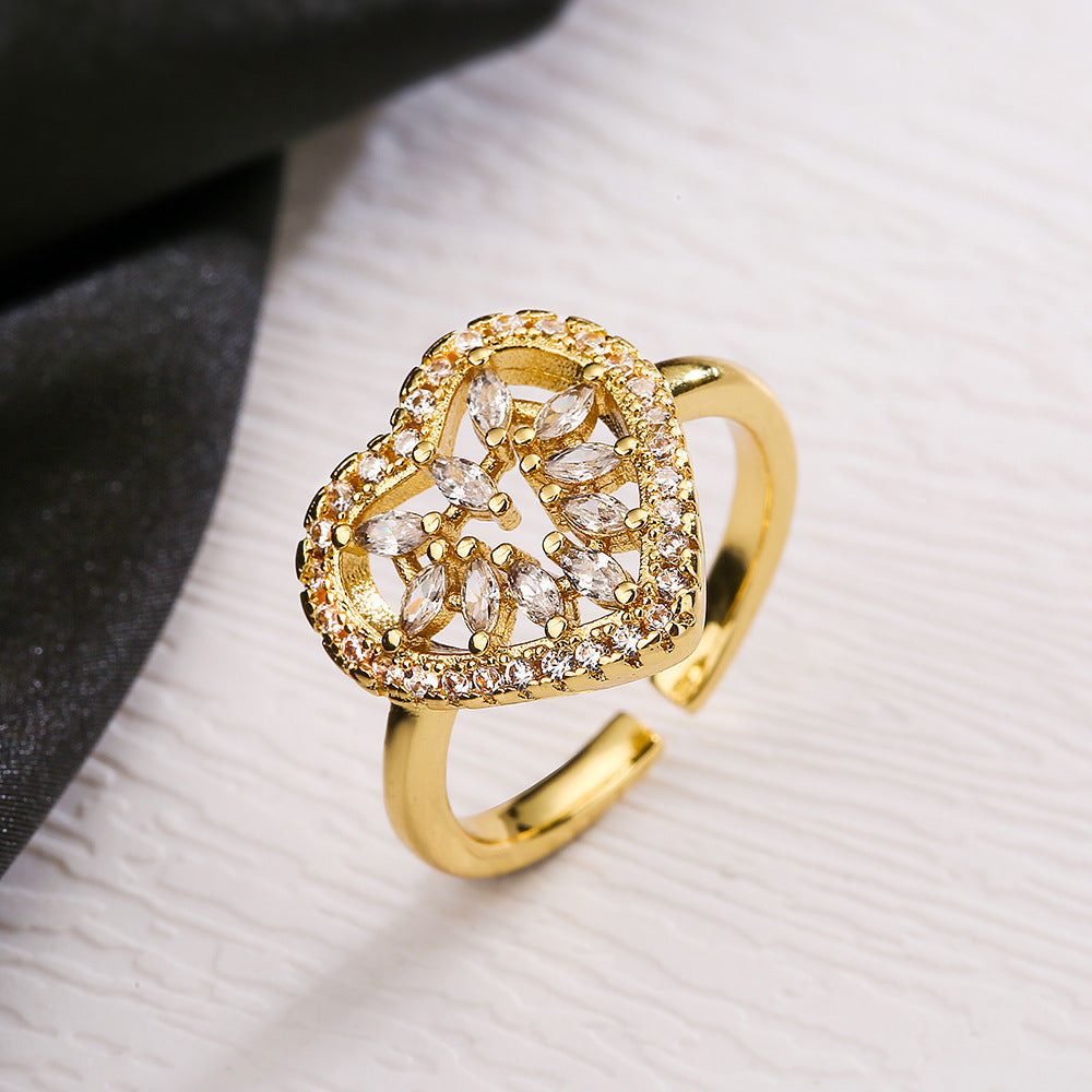 Minimalist Geometric Heart-Shaped Copper Ring with Gold Plating Adjustable Fashion Ring for Women