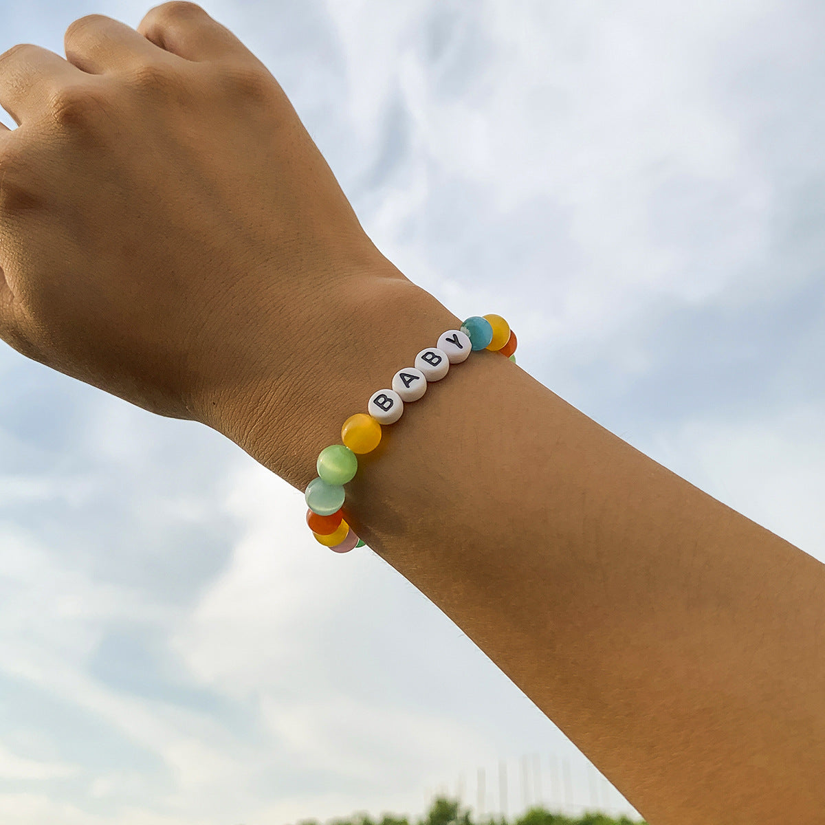 Minimalist Geometric Acrylic Letter Bracelet with Cat's Eye Beads for Women