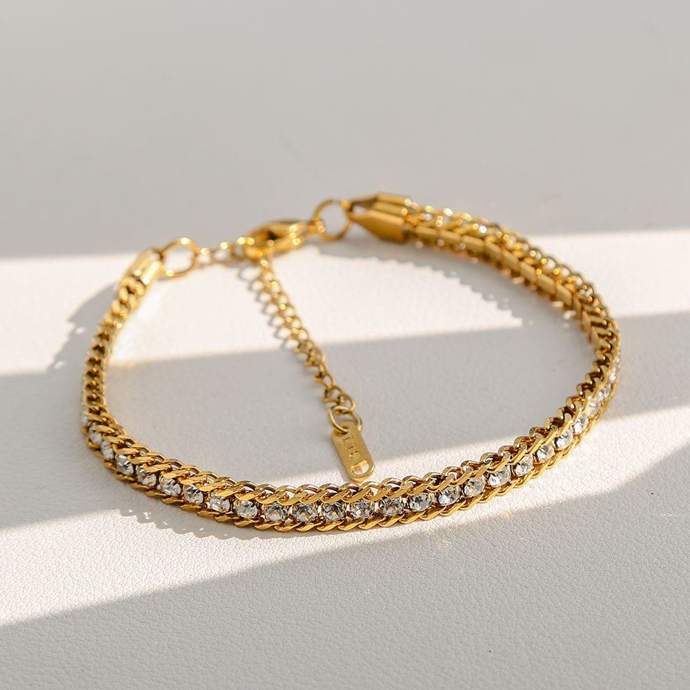 Minimalist U-Shaped Titanium Steel Bracelet for Women with Rhinestone Inlay and Plated Finish