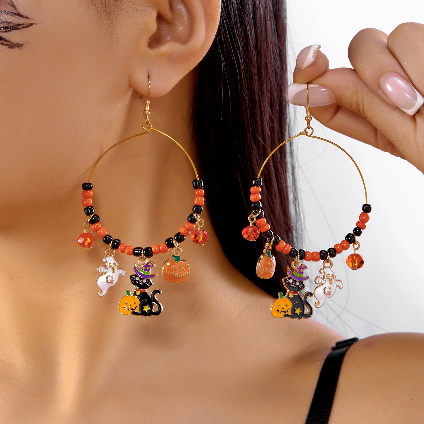 Pendientes de Halloween bonitos y divertidos con diseño de calabaza, fantasma, araña, murciélago y gato en forma geométrica, de aleación galvanizada para mujer