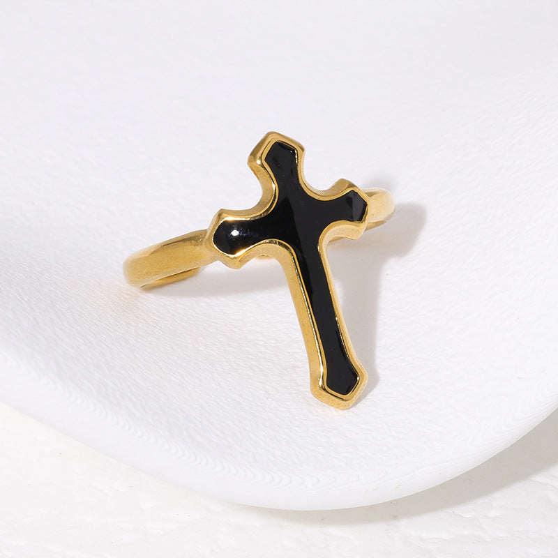 Vintage Cross Shape Enamel Titanium Steel Adjustable Ring for Men and Women