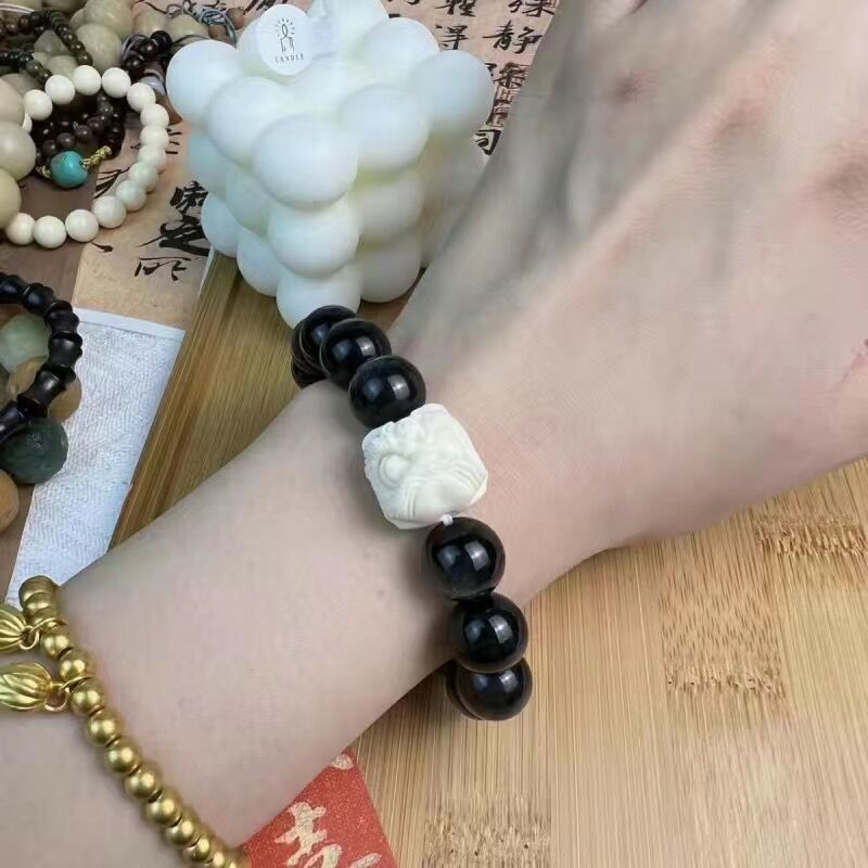 Braccialetto geometrico in ossidiana nera per donna e uomo, gioielli fatti a mano con perline elastiche per San Valentino e il Festival Qixi