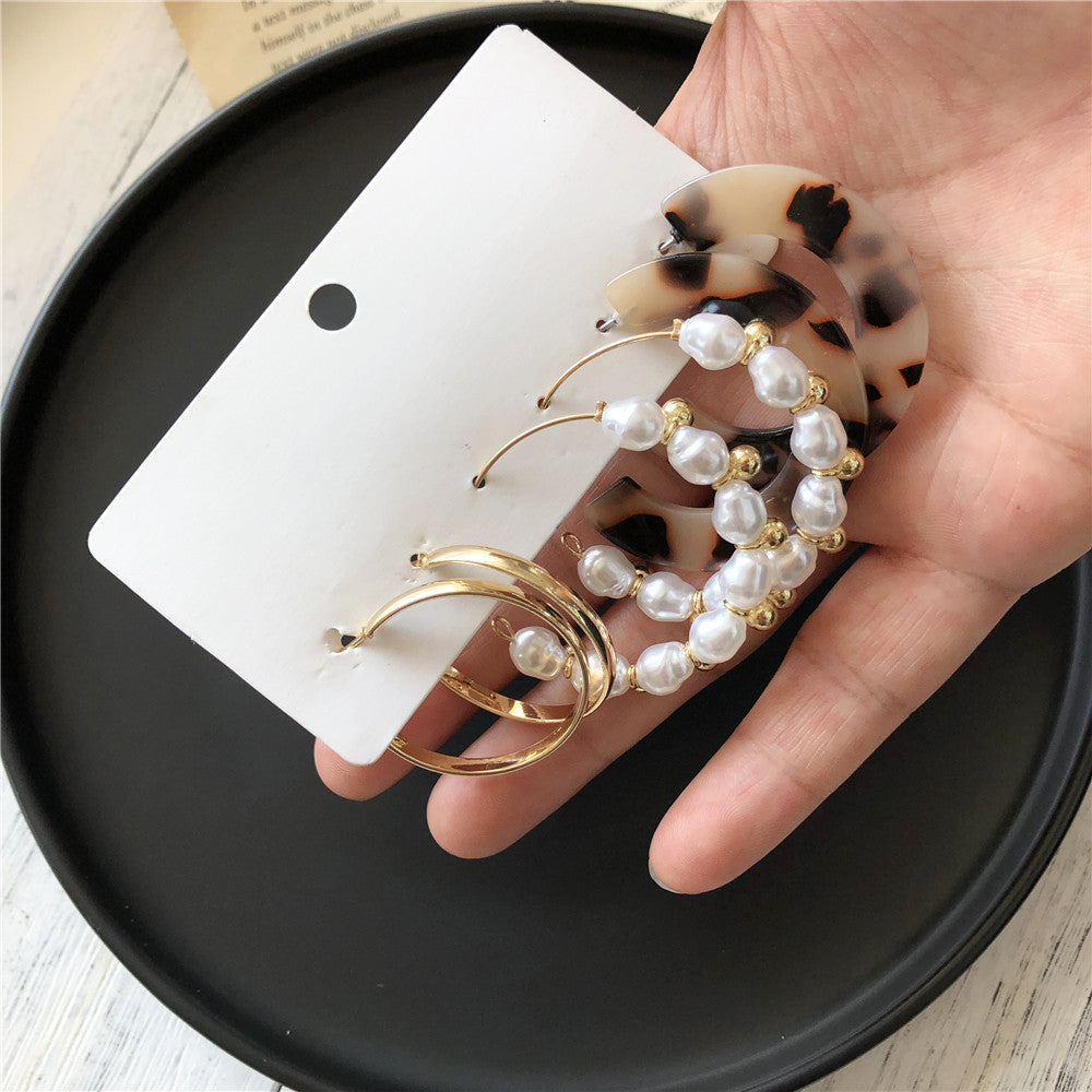 Geometric Leopard Print Acrylic and Alloy C-Shaped Hoop Earrings Set for Women