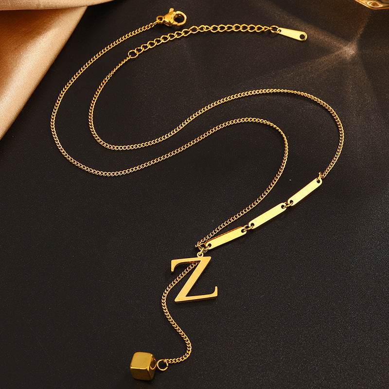 Elegant Business Titanium Steel Plated Letter Z Square Pendant Necklace for Unisex