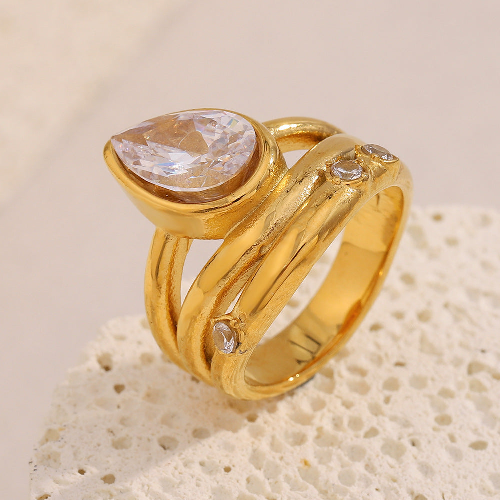 Fashionable Geometric Stainless Steel Plated 18K Gold Multi-Layer Teardrop Zircon Ring for Women