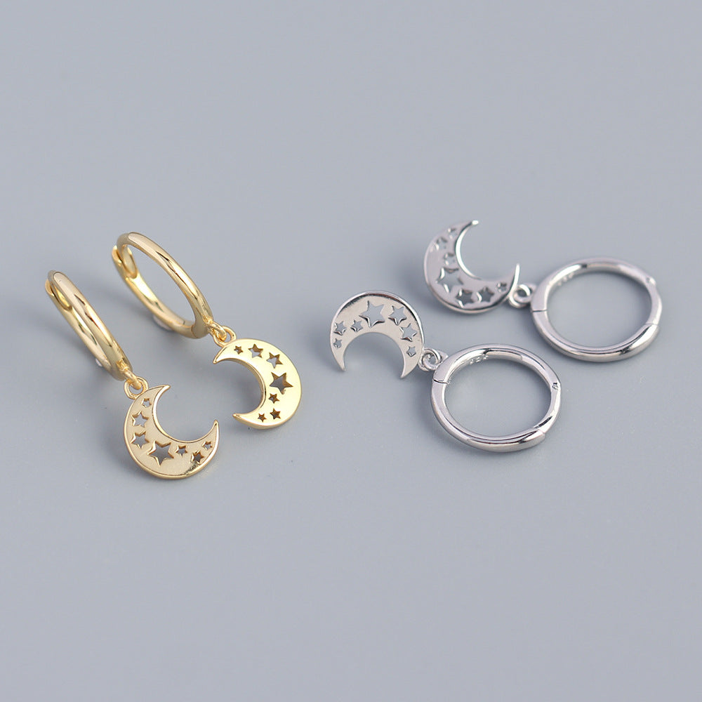Orecchini a cerchio Sweet Minimalist con motivo geometrico a stella e luna, in argento sterling 925