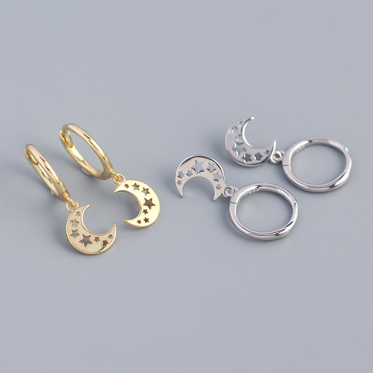 Orecchini a cerchio Sweet Minimalist con motivo geometrico a stella e luna, in argento sterling 925