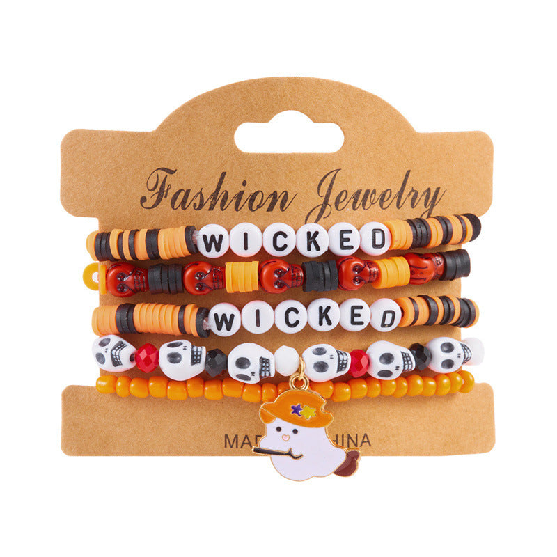 Bracciale da donna con perline a forma di teschio, zucca e fantasma in stile cartone animato, con ciondolo in lega e tema festa di Halloween