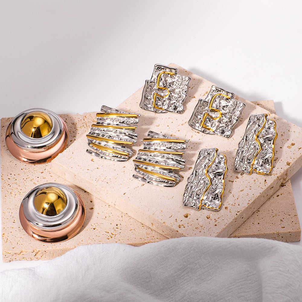 Geometric Stainless Steel Earrings with 18K Gold Plating, Bowknot Texture and Irregular Folded Design for Women