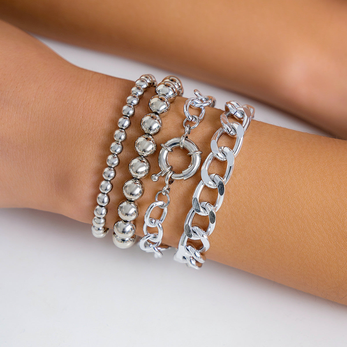 Punk Geometric Round Ball Multi-layer Chain Plated Alloy Bracelet for Women