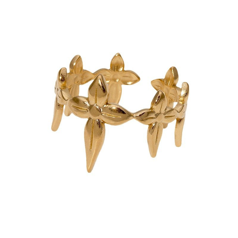 Minimalist Leaf-Shaped Adjustable Stainless Steel Ring with Plated Finish for Women