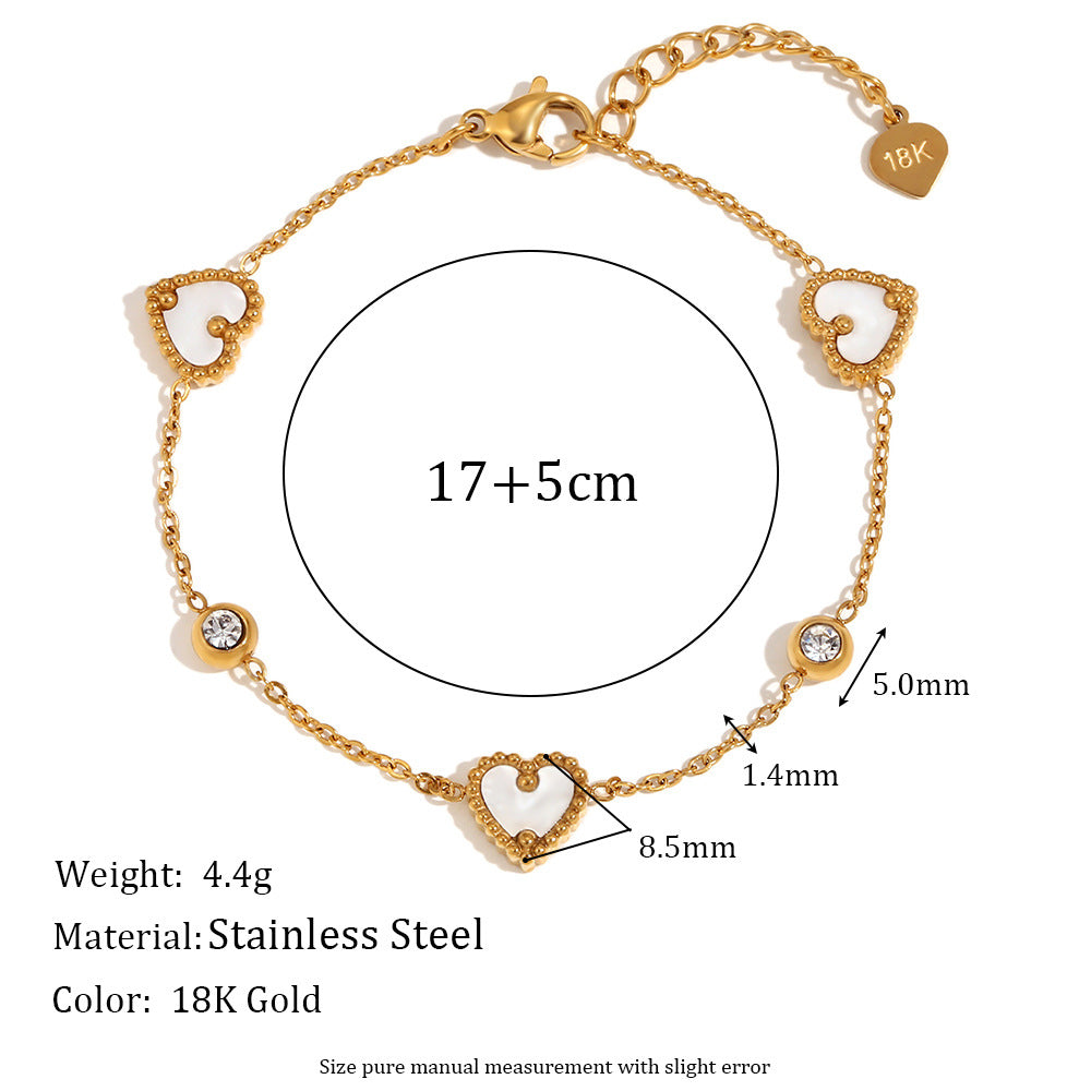 Minimalist Heart-Shaped Stainless Steel Plated 18K Gold Necklace with Three Shell Pendants and Round Rhinestones for Women