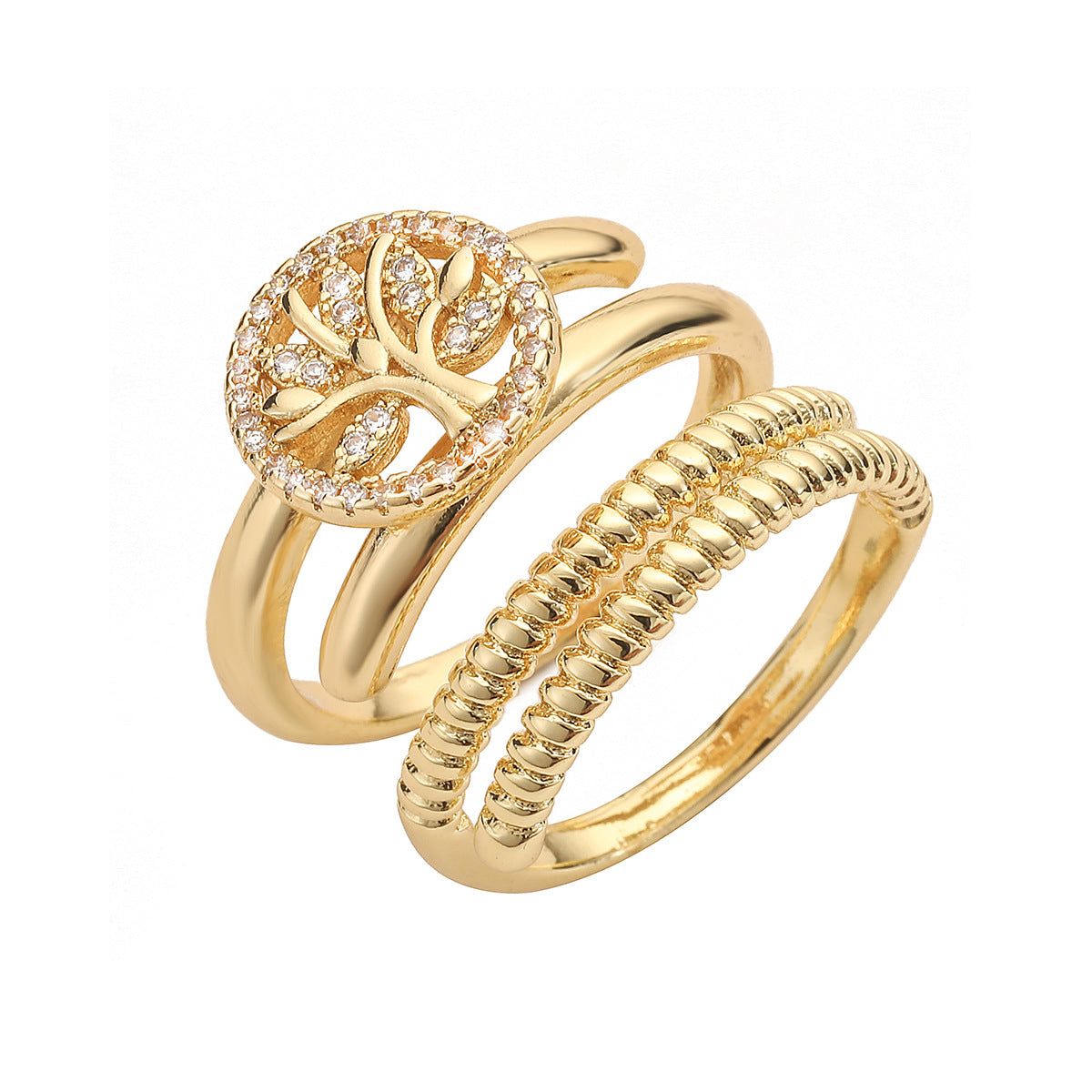Minimalist Gold Plated Brass Geometric Ring with Cubic Zirconia Evil Eye and Tree of Life Design for Women
