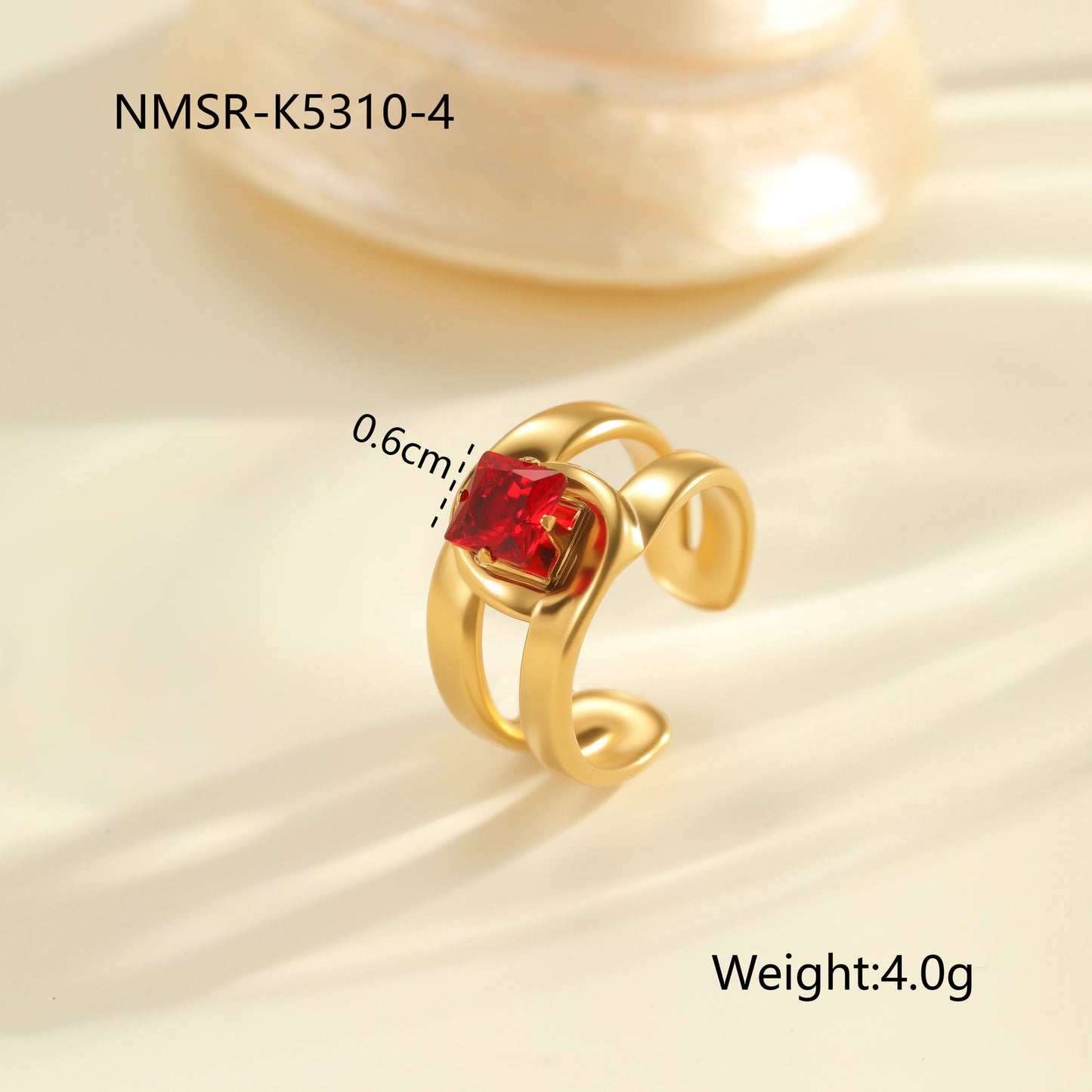 Anello da donna minimalista geometrico in acciaio al titanio con intarsio in zircone rosso regolabile a fascia aperta
