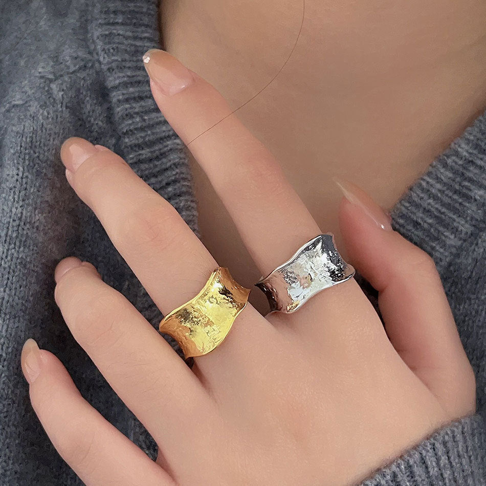 Anillo de plata de ley 925 irregular texturizado con efecto agua, anillo de banda abierta, joyería de moda para uso diario