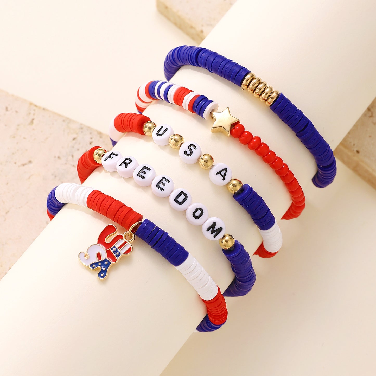 Patriotic Resin Beaded Bracelet Set with Heart Star Letter Charms and Rhinestone Accents