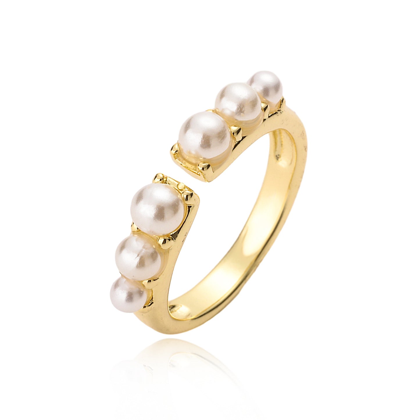 Anello Aperto Geometrico Minimalista da Donna in Ottone con Placcatura in Oro Vero e Intarsio di Perle