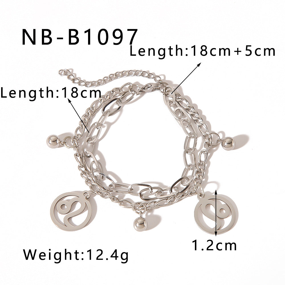 INS Style Zodiac Bracelet with Double Layer Cuban Link Chain Stainless Steel Pendant and 18K Vacuum Plated Finish