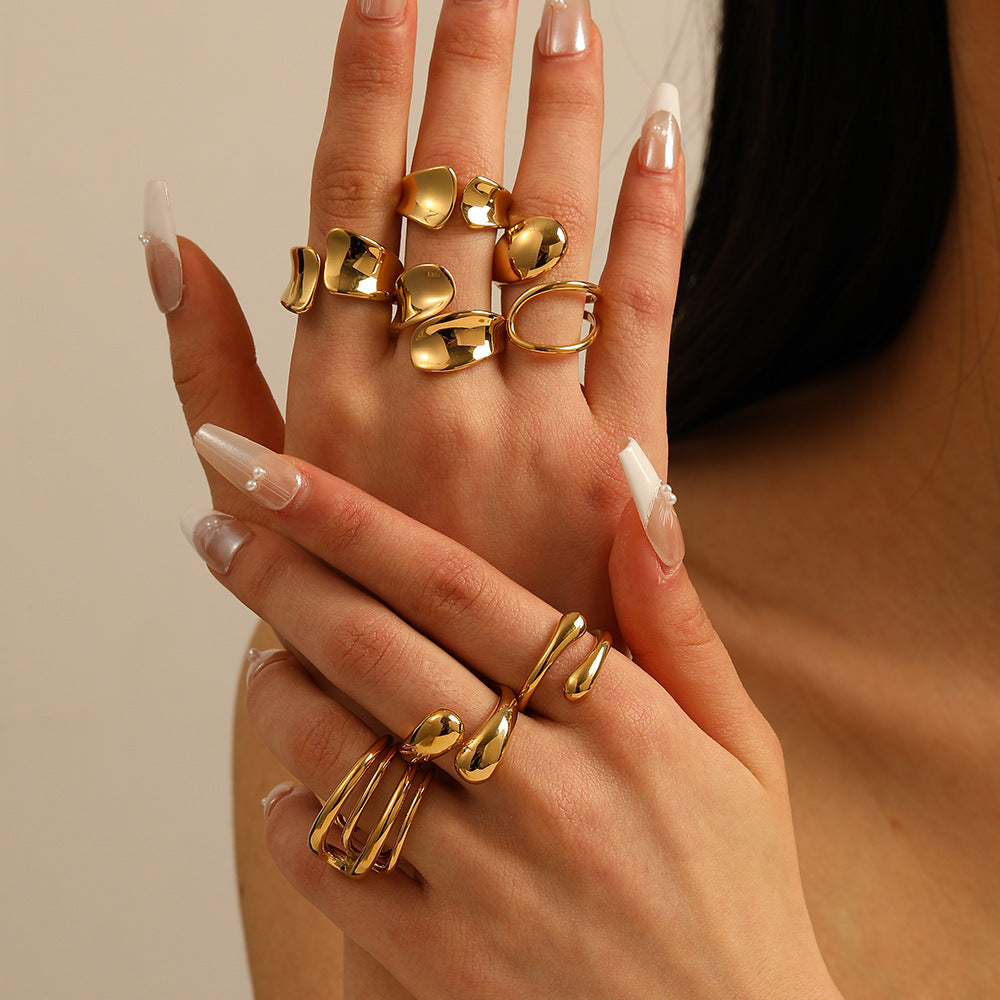 Geometric Teardrop-Shaped Stainless Steel Ring with Polished Finish and 18K Vacuum Plating for Women
