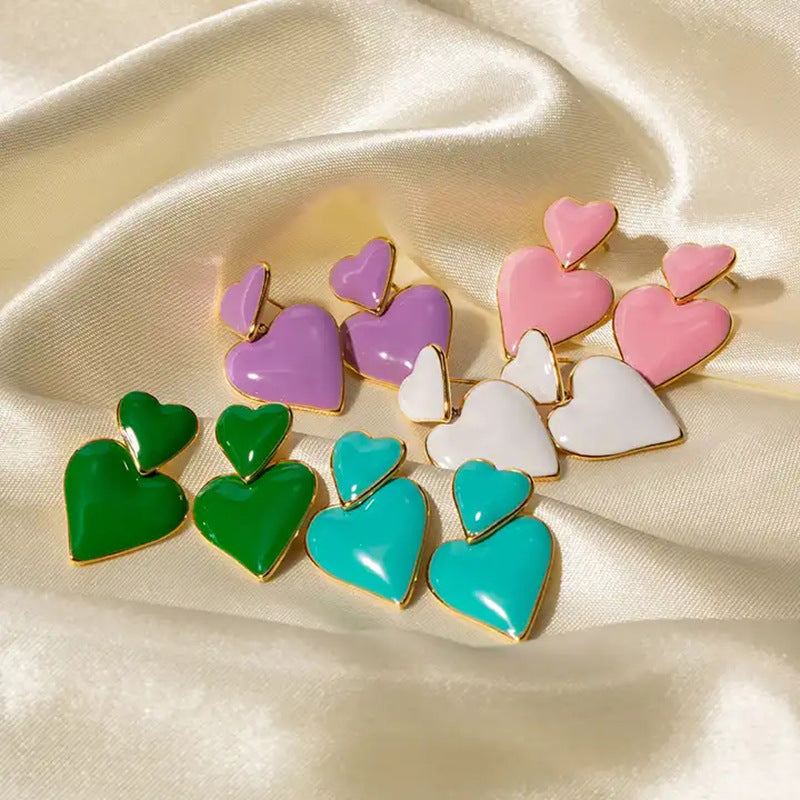 Minimalist 18K Gold Plated Heart Enamel Drop Earrings Stainless Steel Fashion Jewelry for Women