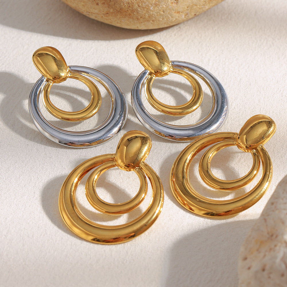 Minimalist Modern 18K Gold Plated Stainless Steel Geometric Double Ring Stud Earrings for Women