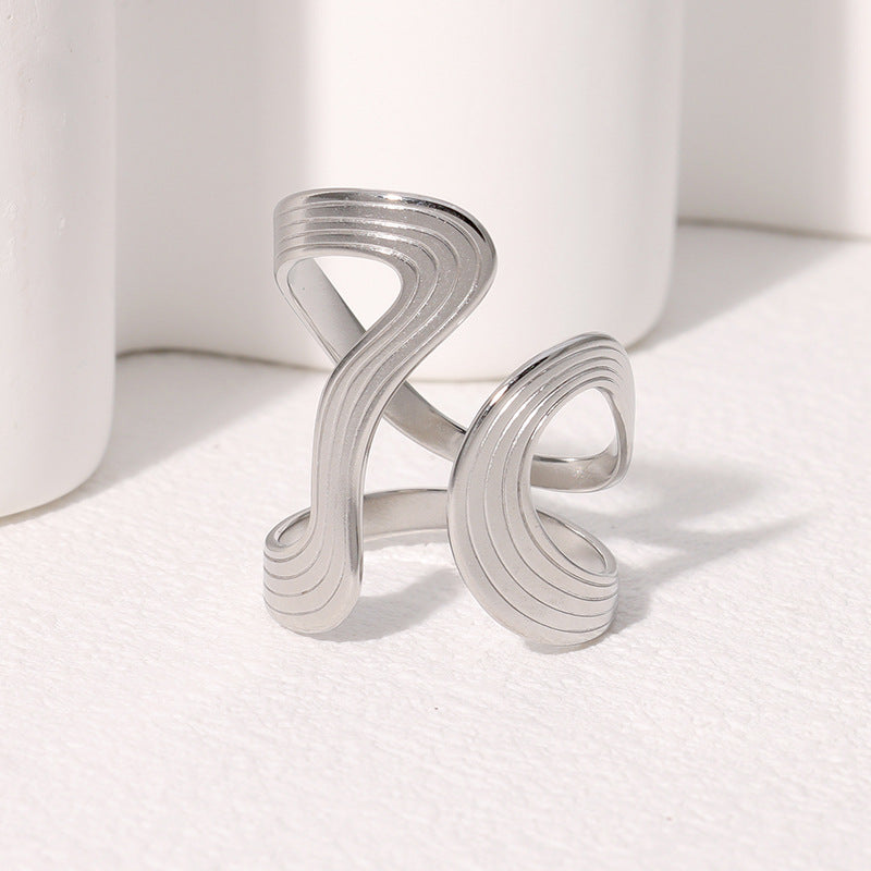 Vintage Geometric Stainless Steel Ring with Irregular Minimalist Line Design for Women