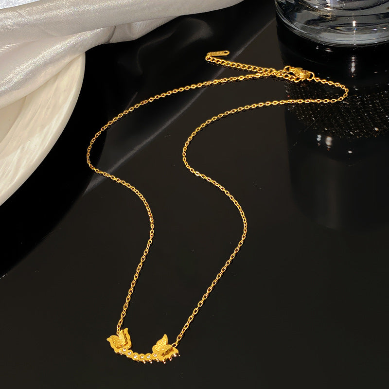 Sweet Streetwear Geometric Double Butterfly Titanium Steel Plated Necklace with Tassel for Unisex