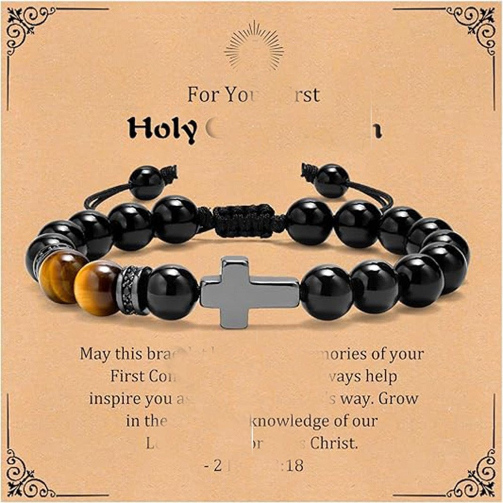 Luxury Matte Tiger's Eye Cross Pendant Beaded Bracelet Unisex Geometric Round Charm