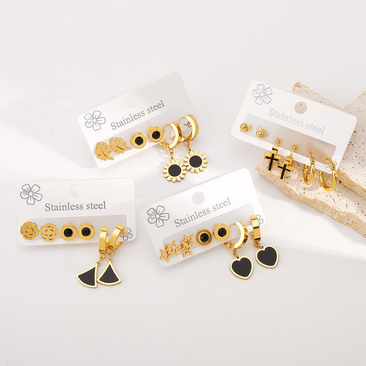 Minimalist Luxury Stainless Steel Geometric and Floral Stud Earrings with Enamel Finish for Women
