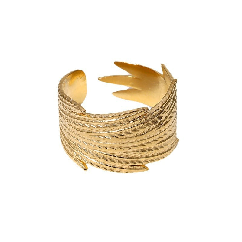 Anello regolabile in acciaio al titanio a forma di piuma per dito indice, anello unisex di moda in stile vintage con finitura placcata