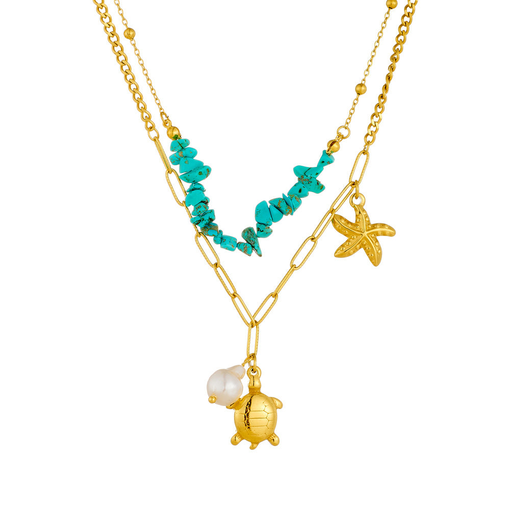 Collana con ciondolo personalizzato a forma di tartaruga e stella marina in acciaio inossidabile con strass blu su catena a maglie per donna