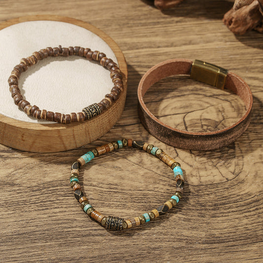Vintage Round Leather Alloy DIY Charm Bar Bracelet Set Unisex