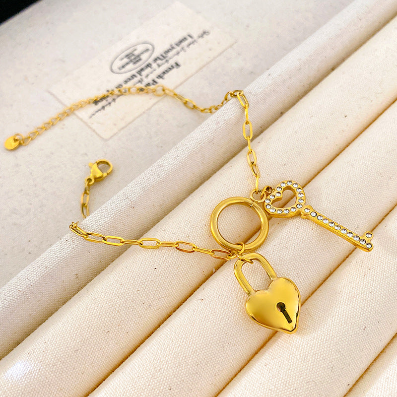 Sweet Minimalist Heart Key Lock Pendant with Cubic Zirconia and Star Elements Titanium Steel Bracelet for Unisex