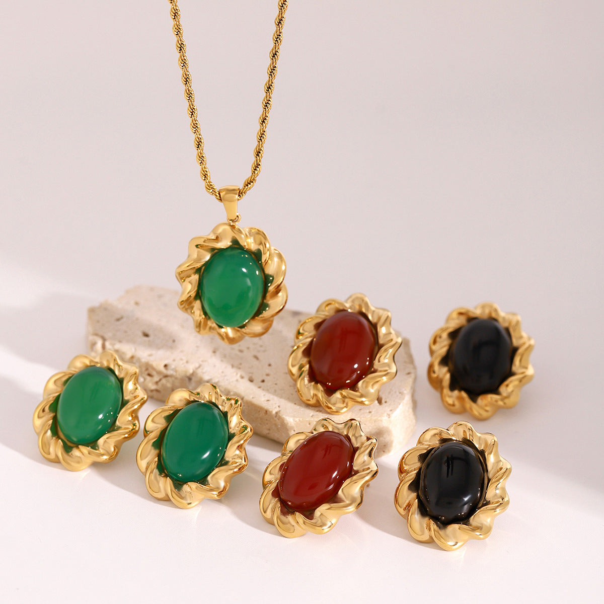 Vintage Geometric Round Stainless Steel Plated Agate Inlay Rope Chain Earrings