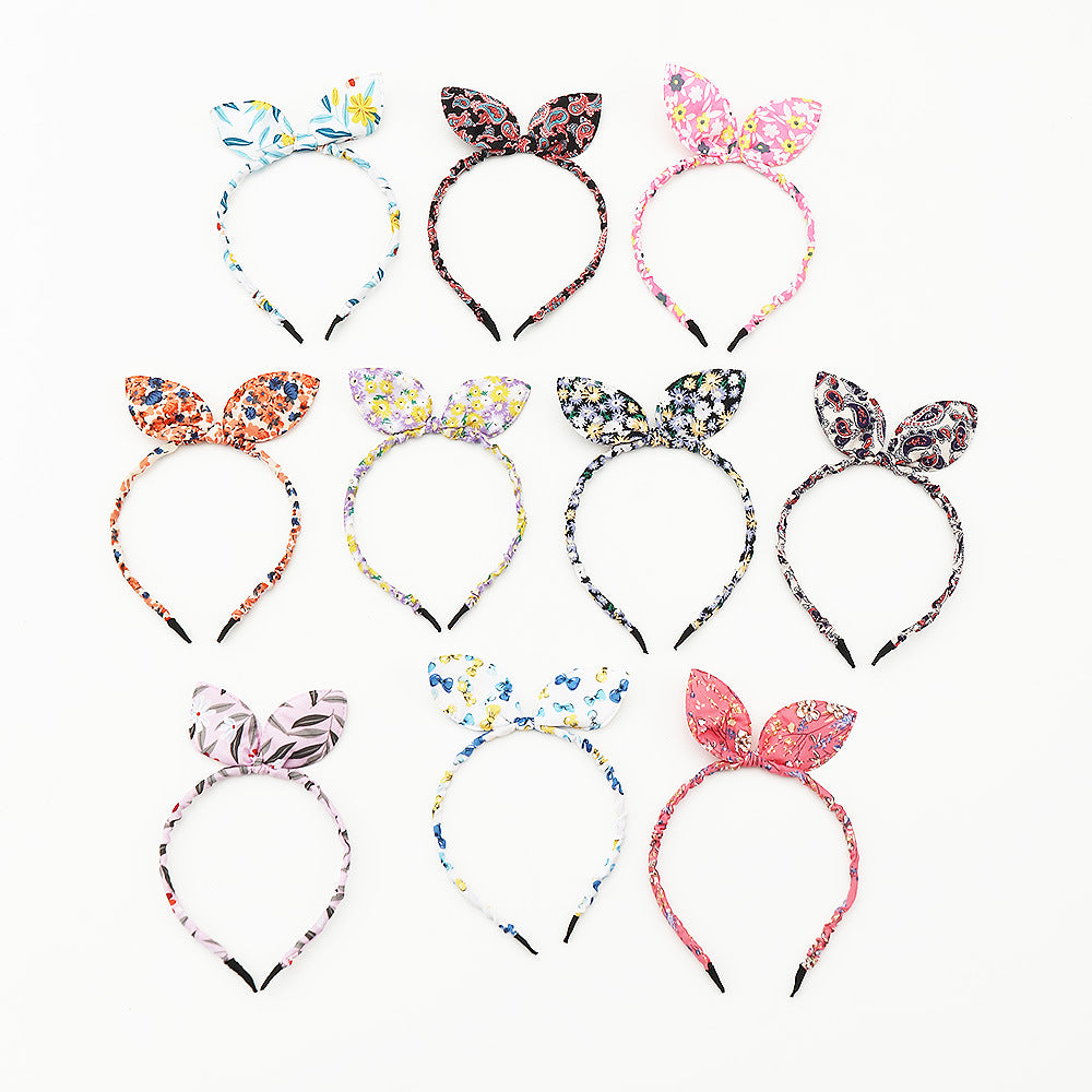 Cerchietto Floreale con Fiocco e Orecchie da Coniglio per Bambini, in Tessuto, Stile Minimalista
