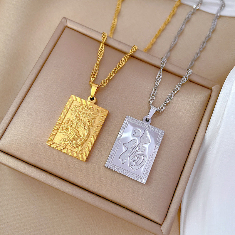 Minimalist Titanium Steel Geometric Feng Shui Lucky Dragon Pendant Necklace for Women and Men with Gold Plated Finish and Clavicle Chain Design