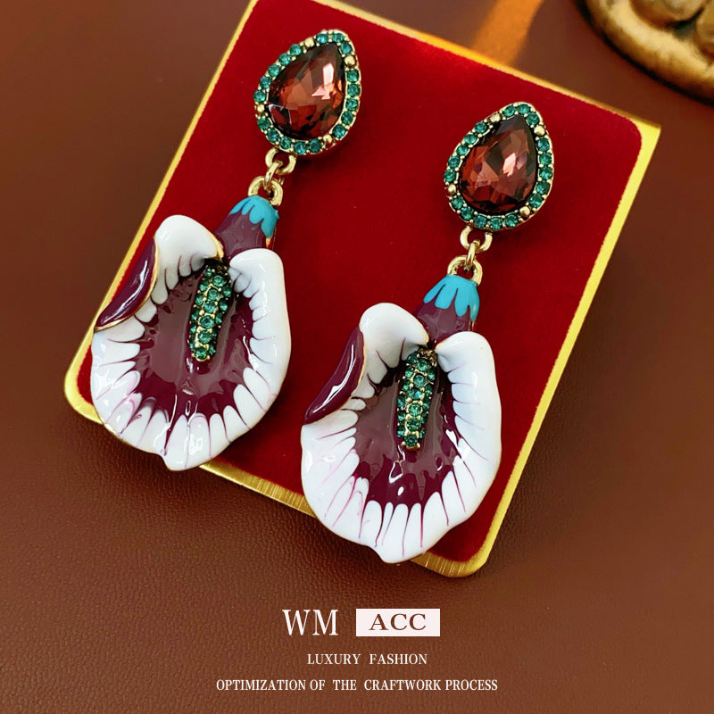 Vintage Chic Floral and Geometric Drop Earrings with Enamel Finish in Alloy with Stainless Steel Posts