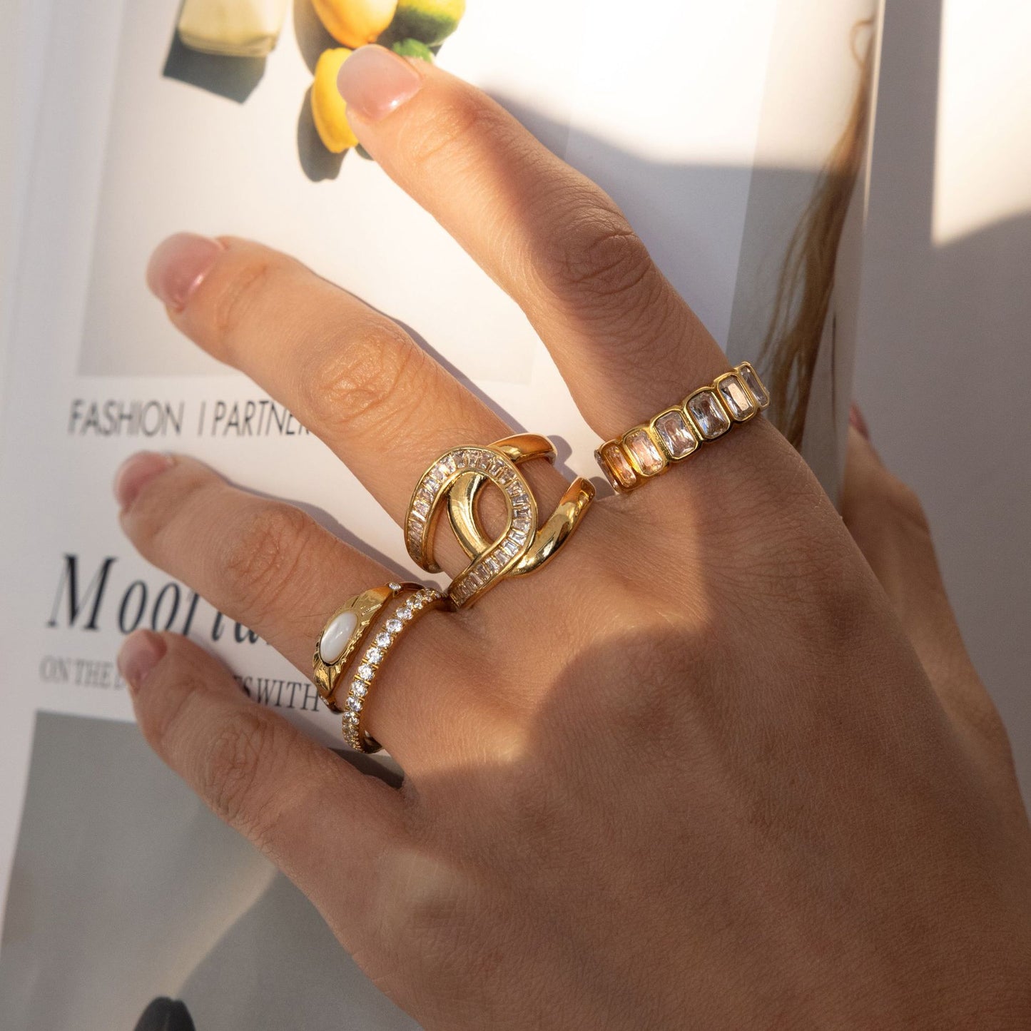 Minimalist Geometric Stainless Steel Ring with Cubic Zirconia 18K Gold PVD Plated for Women