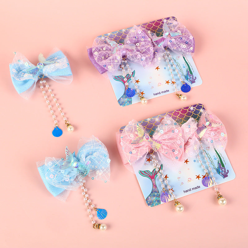Fermaglio per Capelli a Fiocco Dolce per Bambini con Dettagli in Perle e Nappine in Tessuto, Stile Principessa Sirena