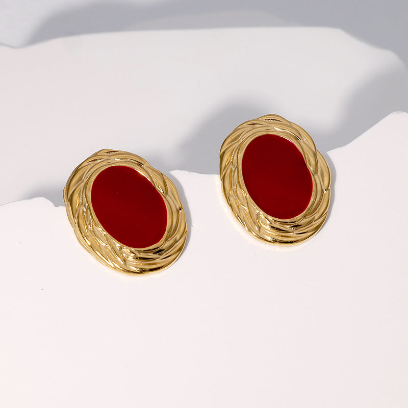 Vintage Minimalist Geometric Oval Earrings 18K Gold Plated Stainless Steel Studs for Women